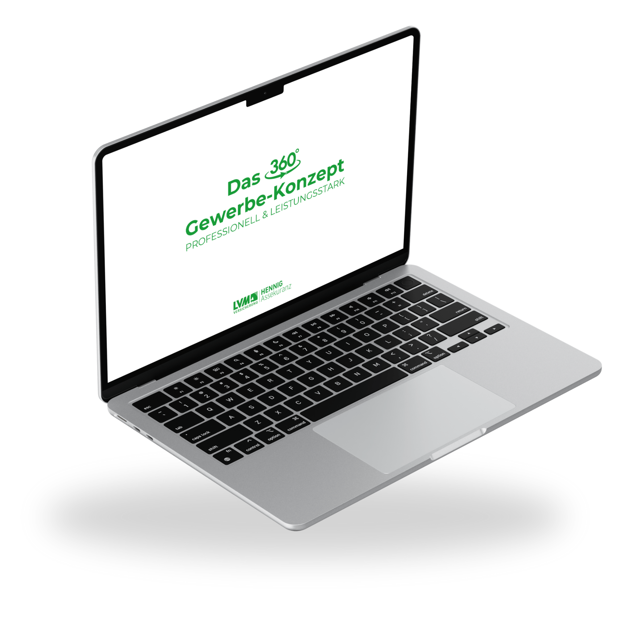 Mock Up von einem Laptop. Auf dem Monitor ist das 360° Gewerbe-Konzept der LVM Versicherung HENNIG Assekuranz abgebildet.