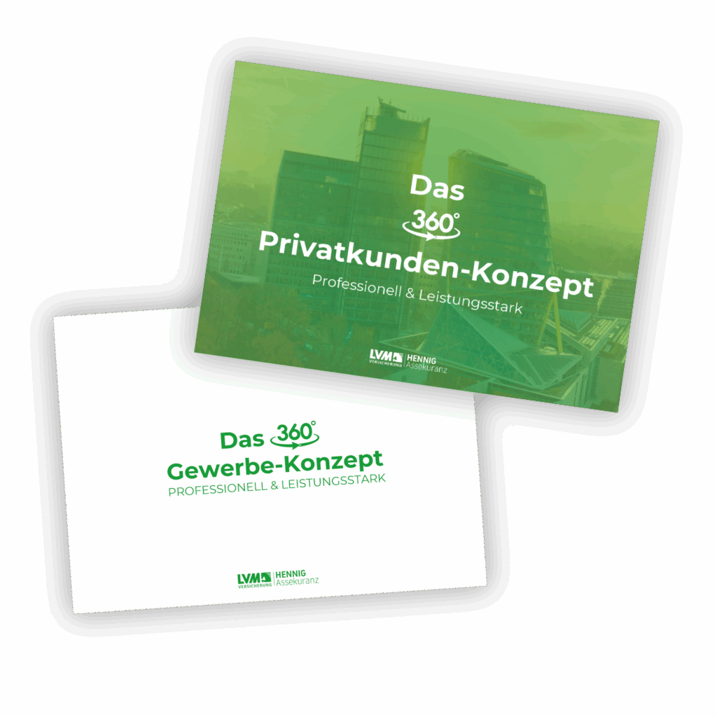 Mock Ups von dem 360° Privatkunden-Konzept sowie dem 360° Gewerbe-Konzept der LVM Versicherung HENNIG Assekuranz abgebildet.
