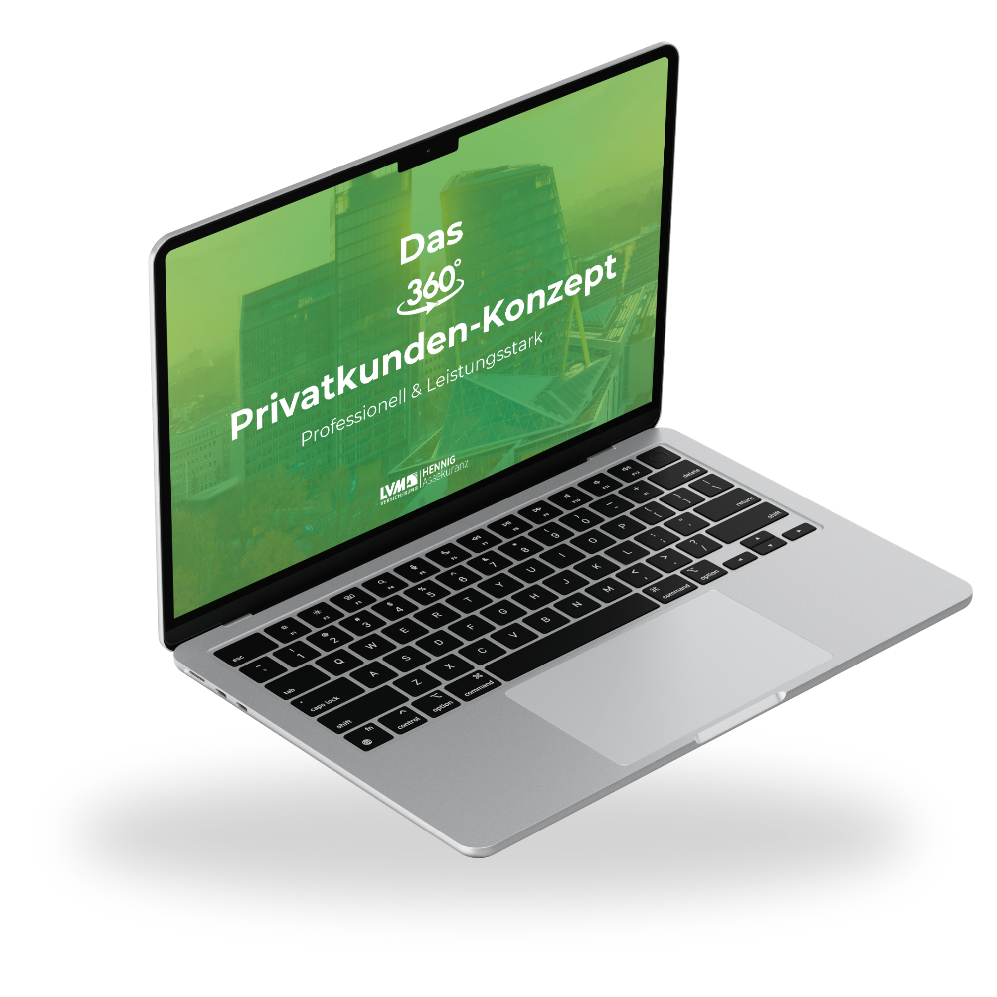 Mock Up von einem Laptop. Auf dem Monitor ist das 360° Privatkunden-Konzept der LVM Versicherung HENNIG Assekuranz abgebildet.